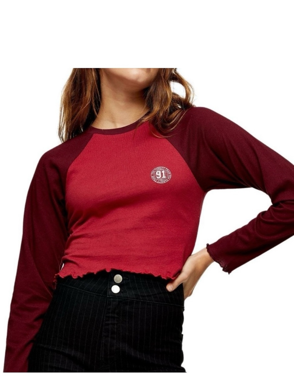 Topshop Red Varsity Raglan Long Sleeve Crop Top NWT - Picture 2 of 12